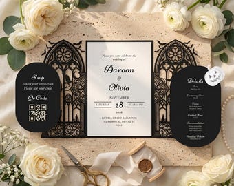 Könnte beinhalten: Ein Hochzeitseinladungs-Set mit einer zentralen weißen Karte mit schwarzem Text für Aaroon und Olivia, flankiert von schwarzen, lasergeschnittenen gotischen Bogenpaneelen. Enthält zwei schwarze ovale Karten für RSVP mit QR-Code und Details.