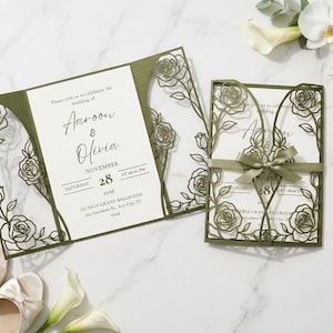 Sage Green Rose Wedding Invitation Pocket Jacket SVG | Die Cut Card for Cricut | Botanical Print Then Cut Template | Luxury DIY Download