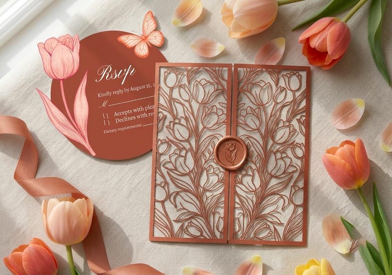 K&ouml;nnte beinhalten: Eine terrakottafarbene RSVP-Karte mit Tulpenillustration und Schmetterlingsgrafik, kombiniert mit einer lasergeschnittenen Klappkarte mit Tulpenmuster und einem runden Wachssiegel, umgeben von frischen pfirsich- und orangefarbenen Tulpen.