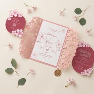 Cherry Blossom Wedding Invitation Jacket And Sleeve SVG | Cricut Print Then Cut Suite with Matching RSVP & Details Card | 3 Sizes