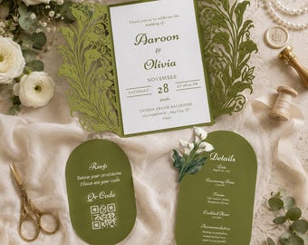 Könnte beinhalten: Ein Hochzeitseinladungsset bestehend aus einer weißen Karte mit grünen, lasergeschnittenen floralen Klappkarten sowie zwei ovalen olivgrünen Karten für RSVP und Details. Der Text enthält die Namen Aaroon und Olivia sowie das Datum 28. November 2026.