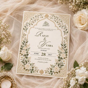 May include: A rectangular wedding invitation card featuring an arched gold border with intricate geometric patterns and floral illustrations of white roses and green leaves. The text reads: By the grace of Allah, we joyfully invite you to celebrate the Nikah Ceremony of Rafay & Yusra, Sunday June 28 2027, Saturday at 6 O'Clock, 123 Anywhere St Any City, ST 12345.