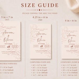 K&ouml;nnte beinhalten: Ein Gr&ouml;&szlig;enleitfaden f&uuml;r Hochzeitseinladungen mit drei rechteckigen Karten in den Ma&szlig;en 12,7 cm x 17,8 cm, 10,8 cm x 15,2 cm und 10,2 cm x 15,2 cm. Jede Karte zeigt florale Linienzeichnungen, die Namen Aaroon & Olivia sowie Details in brauner Schrift.