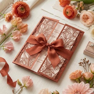 K&ouml;nnte beinhalten: Eine rechteckige Hochzeitseinladungskarte mit einem rostorangen, lasergeschnittenen Umschlag mit Tulpenmuster. Die Karte ist mit einer passenden rostorangen Seidenschleife gebunden. Die cremefarbene Innenkarte zeigt gedruckte Textdetails.