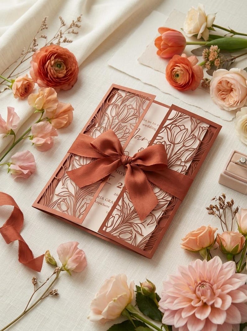 K&ouml;nnte beinhalten: Eine rechteckige Hochzeitseinladungskarte mit einem rostorangen, lasergeschnittenen Umschlag mit Tulpenmuster. Die Karte ist mit einer passenden rostorangen Seidenschleife gebunden. Die cremefarbene Innenkarte zeigt gedruckte Textdetails.
