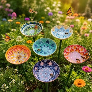 Ceramic Pollinator Watering Station, Bee Bath with Stake, Butterfly Feeder Garden Decor, HandmadeOutdoor Insect Water Dish, Flower GardenArt