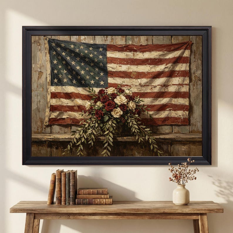 Vintage American Flag Oil Painting Print, Red Roses, Rustic Patriotic ...