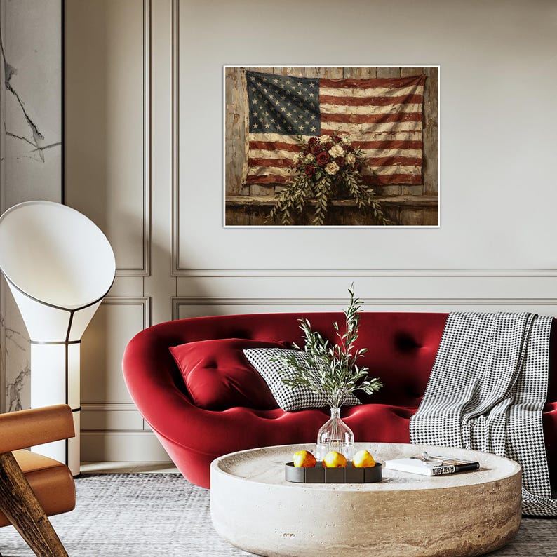 Vintage American Flag Oil Painting Print, Red Roses, Rustic Patriotic ...