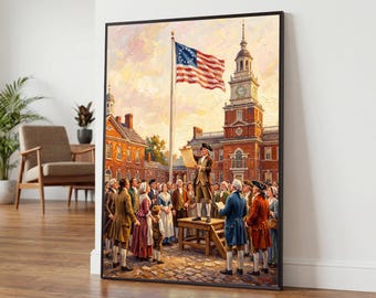 Op de afbeelding: Een ingelijste kunstdruk met een historische scène waarin een persoon op een houten platform staat en een document voorleest aan een menigte. Een Amerikaanse vlag met dertien sterren wappert aan een hoge mast voor een groot bakstenen gebouw.