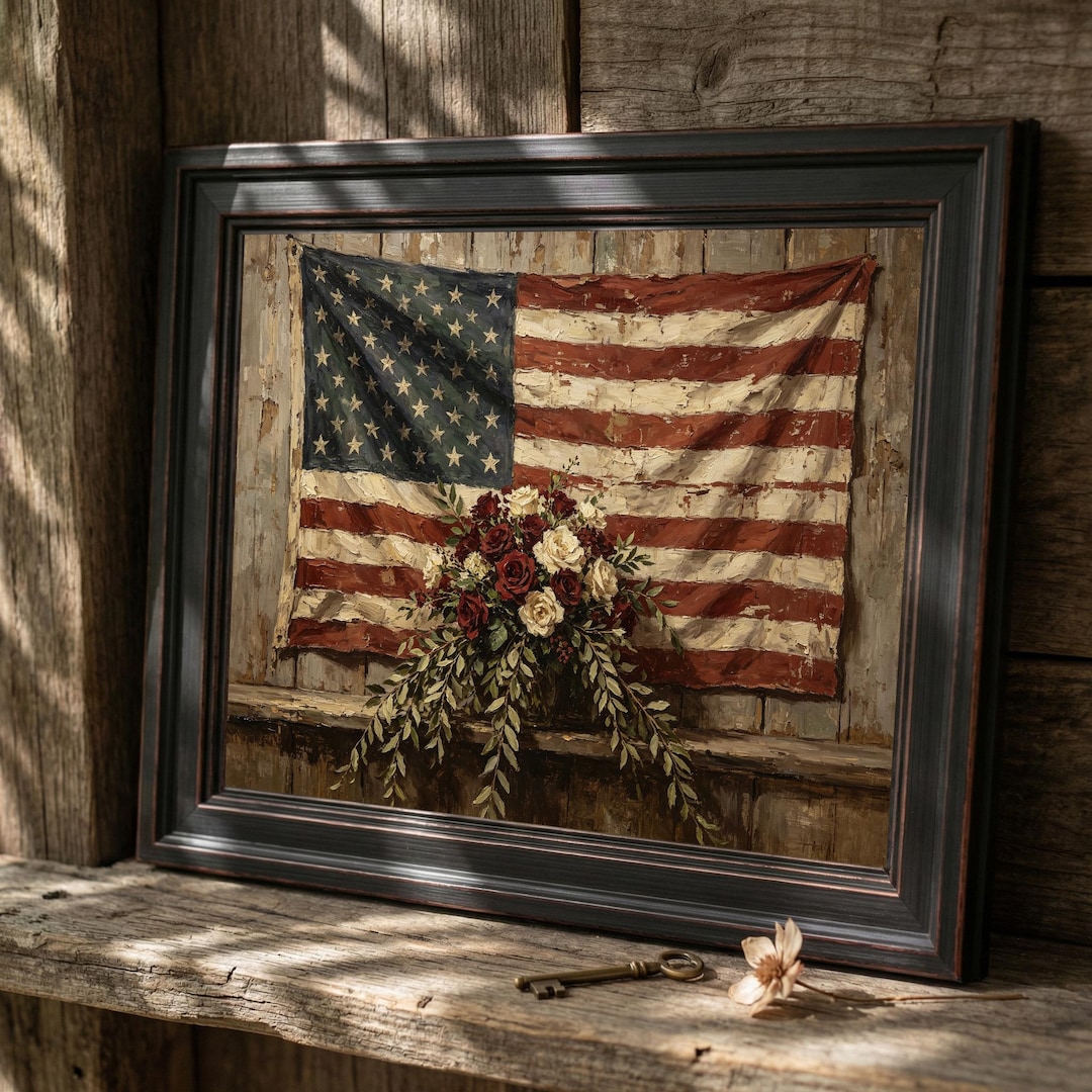 Vintage American Flag Oil Painting Print, Red Roses, Rustic Patriotic ...