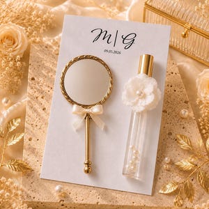 Personalisiertes Spiegel- und Parfüm-Set als Gastgeschenk zur Hochzeit, luxuriöses Gastgeschenk für den Junggesellinnenabschied, individuelles Geschenk für Hochzeitsgäste, Spiegel als Gastgeschenk, Verlobungsgeschenk