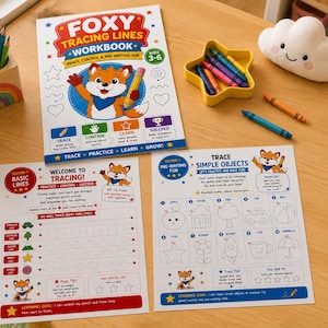 Könnte beinhalten: Ein Malbuch für Kinder mit dem Titel "Foxy Tracing Lines Workbook" mit einer Cartoon-Fuchs-Illustration. Das Bild enthält Malvorlagen, Buntstifte und einen Holzstifthalter mit Buntstiften und einem Regenbogen.