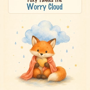 May include: A children's printable workbook cover featuring a watercolor illustration. An orange fox with a pink scarf holds a heart-shaped object under a blue cloud. The title reads "Foxy Tames the Worry Cloud". The bottom text describes the workbook's purpose.