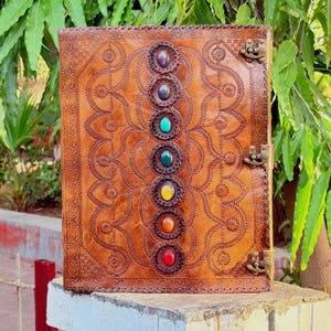 Handmade Saven Chakra Stone Embossed Leather Journal with large Vintage Handmade Deckle Paper Diary,Sketchbook, Book of Shodows,Gift for Her