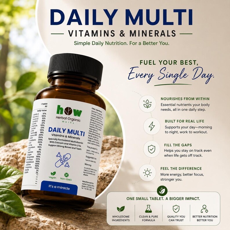 May include: A brown bottle of "DAILY MULTI" vitamins and minerals. The label includes the text "Herbal Organic Works" and "Specially Formulated Multivitamin." The image also includes the text "Fuel Your Best, Every Single Day."