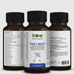 May include: Three brown supplement bottles with black caps. The center bottle displays "DAILY MULTI Vitamins & Minerals" and "It's a miracle" text. The bottles contain a multivitamin with calcium and vitamin D.