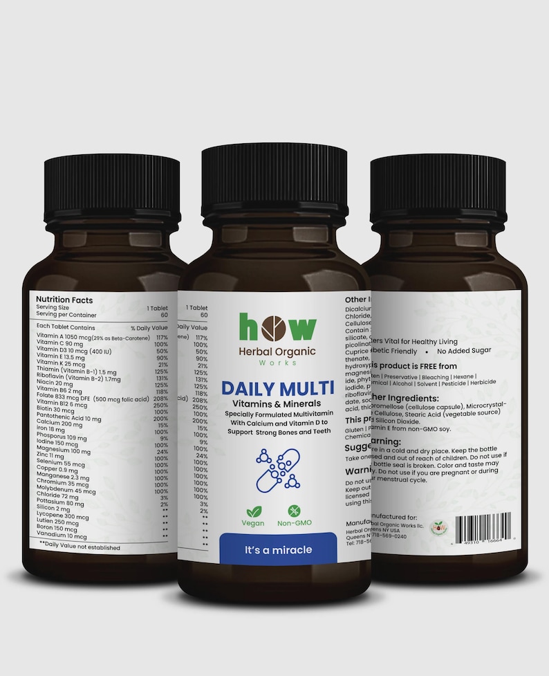 May include: Three brown supplement bottles with black caps. The center bottle displays "DAILY MULTI Vitamins & Minerals" and "It's a miracle" text. The bottles contain a multivitamin with calcium and vitamin D.