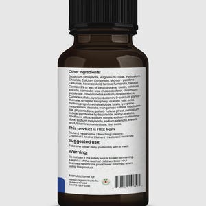 May include: A brown supplement bottle with a black cap. The label lists ingredients like magnesium oxide and folic acid. The text also states the product is free from gluten and preservatives. Suggested use: take one tablet daily.