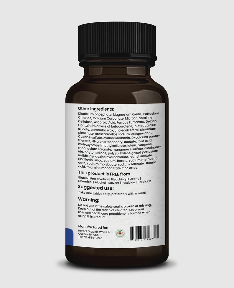 May include: A brown supplement bottle with a black cap. The label lists ingredients like magnesium oxide and folic acid. The text also states the product is free from gluten and preservatives. Suggested use: take one tablet daily.