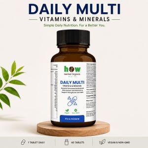 May include: A brown glass bottle of "DAILY MULTI Vitamins & Minerals" supplements, with a black cap, sits on a wooden stand. The label includes text about daily nutrition, ingredients, and the phrase "It's a miracle". The image also shows icons for 1 tablet daily, 60 tablets, and vegan/non-GMO.