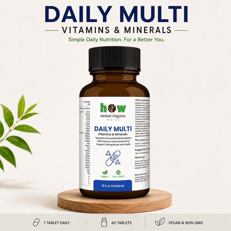 May include: A brown glass bottle of "DAILY MULTI Vitamins & Minerals" supplements, with a black cap, sits on a wooden stand. The label includes text about daily nutrition, ingredients, and the phrase "It's a miracle". The image also shows icons for 1 tablet daily, 60 tablets, and vegan/non-GMO.