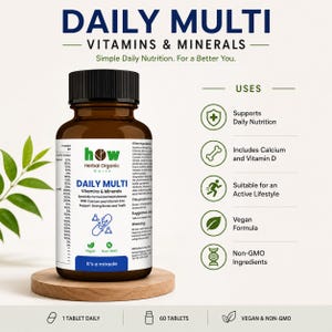 May include: A brown bottle of "DAILY MULTI Vitamins & Minerals" supplements. The label highlights key features: supports daily nutrition, includes calcium and vitamin D, suitable for an active lifestyle, vegan formula, and non-GMO ingredients. The bottle contains 60 tablets.