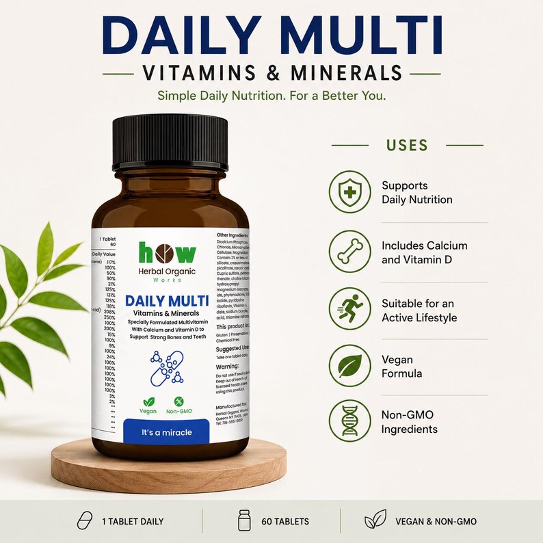 May include: A brown bottle of "DAILY MULTI Vitamins & Minerals" supplements. The label highlights key features: supports daily nutrition, includes calcium and vitamin D, suitable for an active lifestyle, vegan formula, and non-GMO ingredients. The bottle contains 60 tablets.