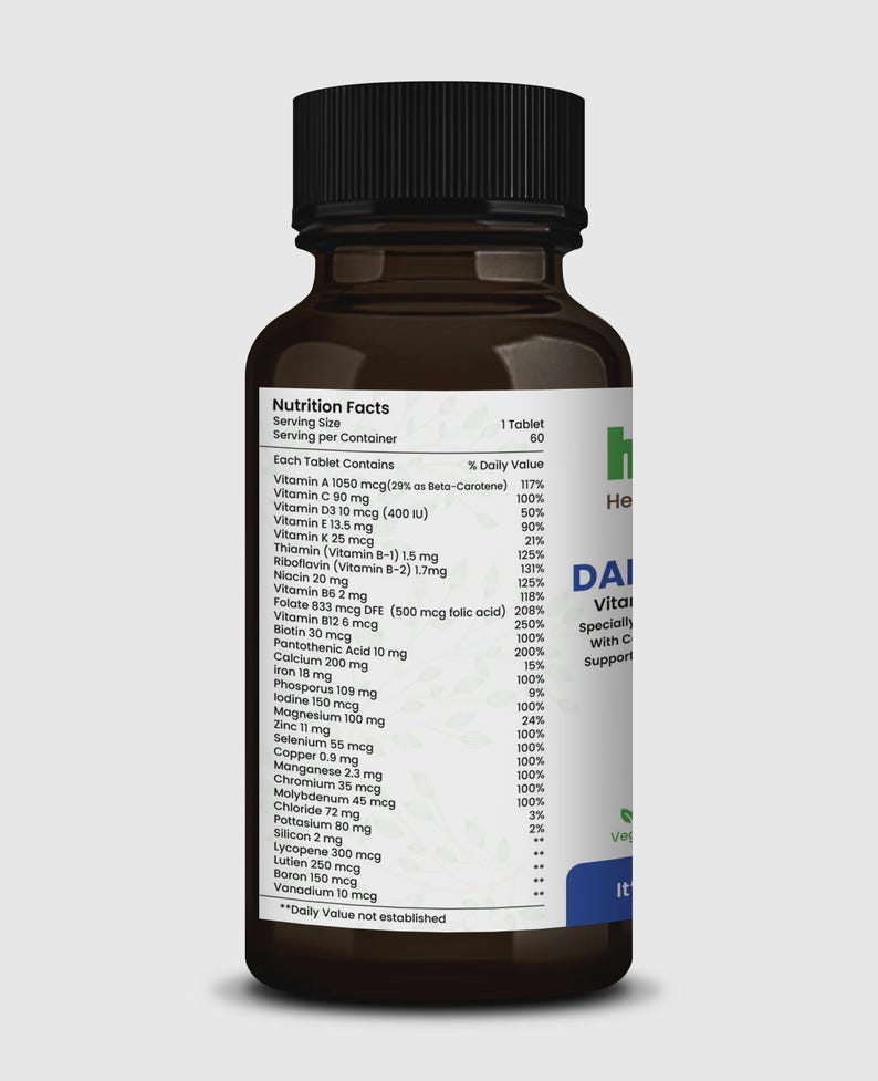 May include: A brown bottle of daily vitamins with a black cap. The label includes a nutrition facts panel listing vitamins and minerals. The bottle is designed to support overall health with Vitamin C.
