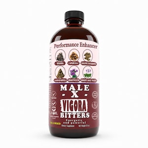 Może przedstawiać: Brązowa butelka suplementu diety "Male X Vigora Bitters". Etykieta zawiera słowa "Performance Enhancer" i wymienia kilka składników ziołowych. Butelka ma 473 ml i jest oznaczona jako wegańska i bez GMO.