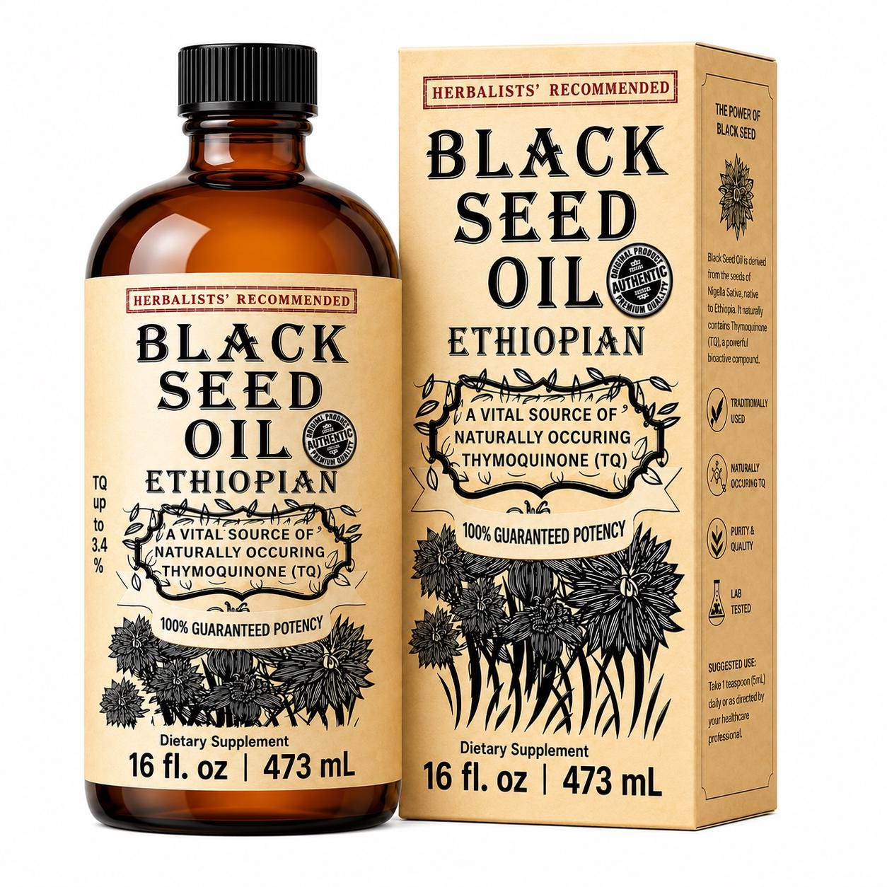 Ethiopian Black Seed Oil 16oz - High Thymoquinone 3.45% Pure Unrefined Liquid Immune, Skin, Hair & Digestive Support Large Glass Bottle