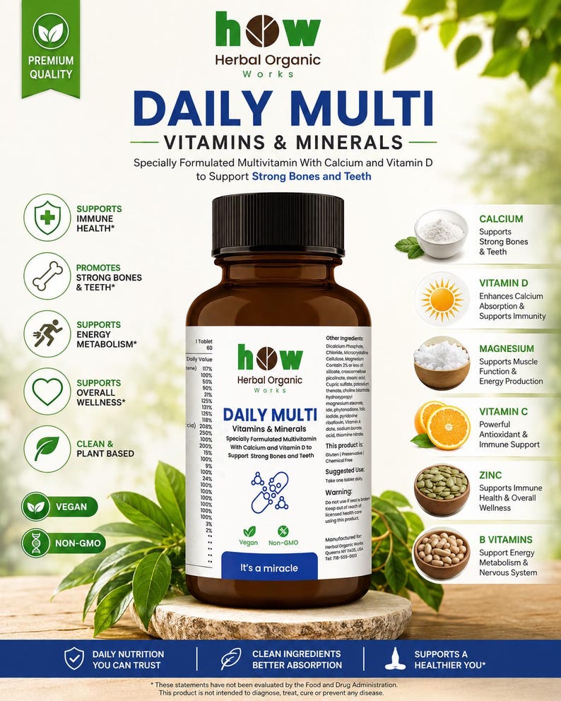 May include: A brown bottle of "DAILY MULTI Vitamins & Minerals" supplements. The label highlights support for immune health, strong bones, energy metabolism, and overall wellness. The product is vegan, non-GMO, and contains calcium, vitamin D, magnesium, vitamin C, zinc, and B vitamins.