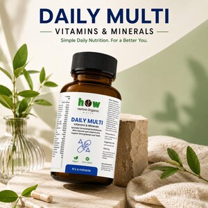 May include: A brown bottle of "DAILY MULTI Vitamins & Minerals" supplements. The label includes the text "Simple Daily Nutrition. For a Better You." and "Specially Formulated Multivitamin with Calcium and Vitamin D to Support Strong Bones and Teeth."