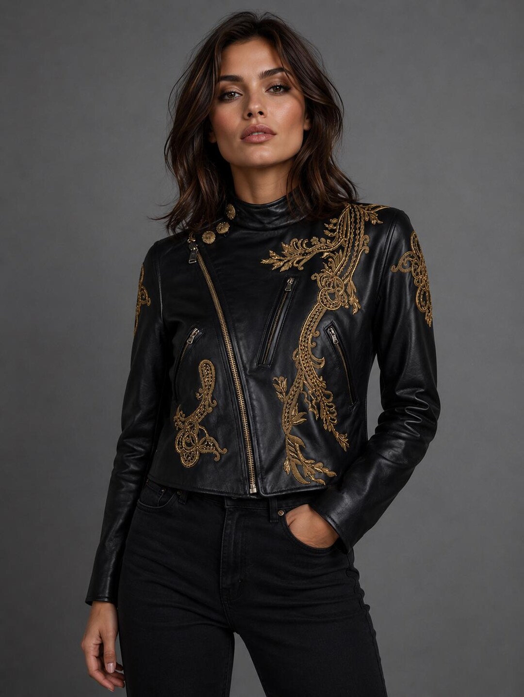 Women’s Black Leather Embroidered Moto Jacket – Luxury Gold Floral ...