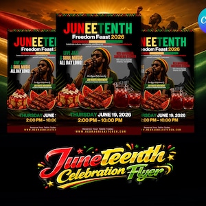 Puede incluir: Un folleto de celebración del Juneteenth con el texto "Freedom Feast 2026". El folleto presenta un músico, comida y el texto "Live Jazz & Soul Music All Day Long!". El folleto es rojo, negro, verde y amarillo.