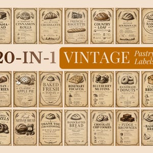 May include: A collection of 20 vintage-style pastry labels with illustrations of various baked goods, including bread, croissants, and donuts. The labels feature text such as "Banana Bread," "Cinnamon Rolls," and "Artisan Pastries."