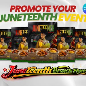Puede incluir: Un folleto promocional para un evento Juneteenth Brunch. El diseño presenta a una mujer con una mimosa, platos de comida y el texto "Juneteenth Brunch". La combinación de colores del folleto incluye negro, verde, amarillo y rojo. El texto "Promote Your Juneteenth Event" está en la parte superior.