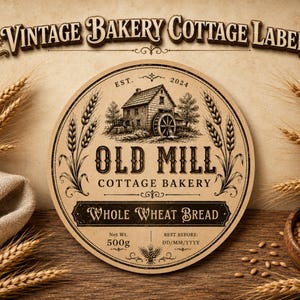 May include: A circular tan label with black text and graphics. The label features a mill illustration, the text "OLD MILL COTTAGE BAKERY", "WHOLE WHEAT BREAD", "Net Wt. 500g", and "BEST BEFORE: DD/MM/YYYY". The design includes wheat stalks and decorative flourishes.