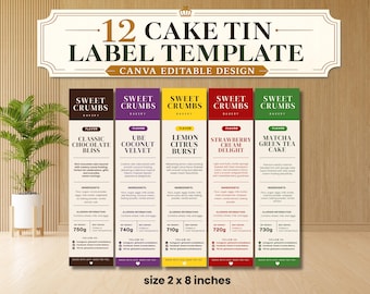 May include: A set of 12 cake tin label templates measuring 2 by 8 inches, featuring Canva editable designs. The labels display Sweet Crumbs Bakery branding with flavours like Classic Chocolate, Ube Coconut, Lemon, Strawberry, and Matcha Green Tea.