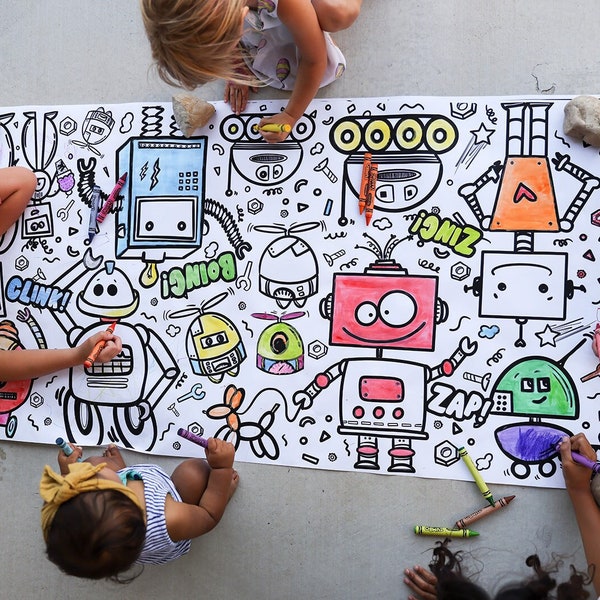 Robots Kids Party Activity | GIANT Coloring Poster | Coloring Page Tablecloth | 30"x60"