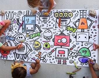 Robots Kids Party Activity | GIANT Coloring Poster | Coloring Page Tablecloth | 30"x60"