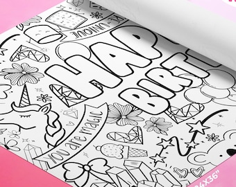 GIANT Coloring Poster | Unicorn Birthday Coloring Page | 24X36 Inch | Coloring Sheet | Unicorn Coloring | Kids Activity | Delivered