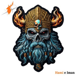May include: A decorative patch featuring a skull with glowing red eyes, wearing a gold-toned helmet with intricate knotwork and flaming horns. The skull has a long, braided blue beard and a small skull emblem on the forehead. Text reads Hami e Iman.