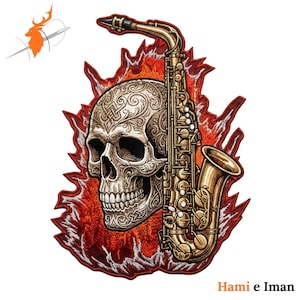 Pode incluir: Patch bordado com um crânio detalhado com entalhes ornamentados, um saxofone dourado e um fundo vermelho e laranja flamejante. O patch tem o texto "Hami e Iman" na parte inferior.