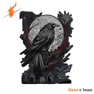 May include: Embroidered patch depicting a raven on a branch, with a full moon and graveyard backdrop. The design includes red roses and a gothic theme. The patch is rectangular in shape. The image has the text "Hami e Iman".