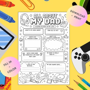 Könnte beinhalten: Ein schwarz-weißes, ausdruckbares Aktivitätsblatt mit dem Titel ALL ABOUT MY DAD A SUPER PLAYER IN MY LIFE mit ausfüllbaren Abschnitten, umgeben von Illustrationen von Videospiel-Controllern, einer Handheld-Konsole und Gaming-Headsets.