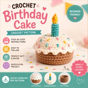 Op de afbeelding: Een gehaakte verjaardagstaart met een kaars. De taart is bruin met een witte bovenkant, versierd met kleurrijke hagelslag. De kaars is turquoise met een gele vlam. De afbeelding bevat de tekst "Crochet Birthday Cake Crochet Pattern".