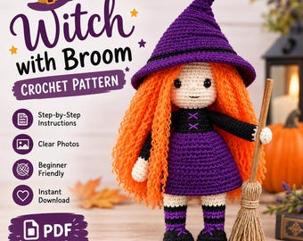 Könnte beinhalten: Eine Häkelanleitung für eine Hexenpuppe mit leuchtend orangefarbenem Haar, einem violetten spitzen Hut und einem violetten Kleid. Der Text lautet Witch with Broom CROCHET PATTERN, Step-by-Step Instructions, Clear Photos, Beginner Friendly, Instant Download, PDF DOWNLOAD.