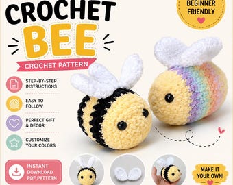 Könnte beinhalten: Ein Häkelmuster für eine niedliche Biene. Das Bild zeigt zwei fertige Bienen, eine gelb und schwarz, die andere gelb mit Regenbogenstreifen. Der Text enthält "Cute Crochet Bee Crochet Pattern" und "Easy & Beginner Friendly."
