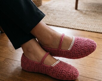 Häkelanleitung für Ballettschuhe (PDF) | Mary Jane Hausschuhe mit Perlenbesatz | Colette Ballerinas (Größen S-L) | Sofort-Download