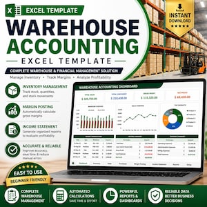Puede incluir: Una plantilla digital de Excel para contabilidad de almacén mostrada en la pantalla de una computadora portátil. La interfaz muestra un panel con métricas financieras, gráficos de inventario, resúmenes de ventas y gastos. Texto: Warehouse Accounting Excel Template.